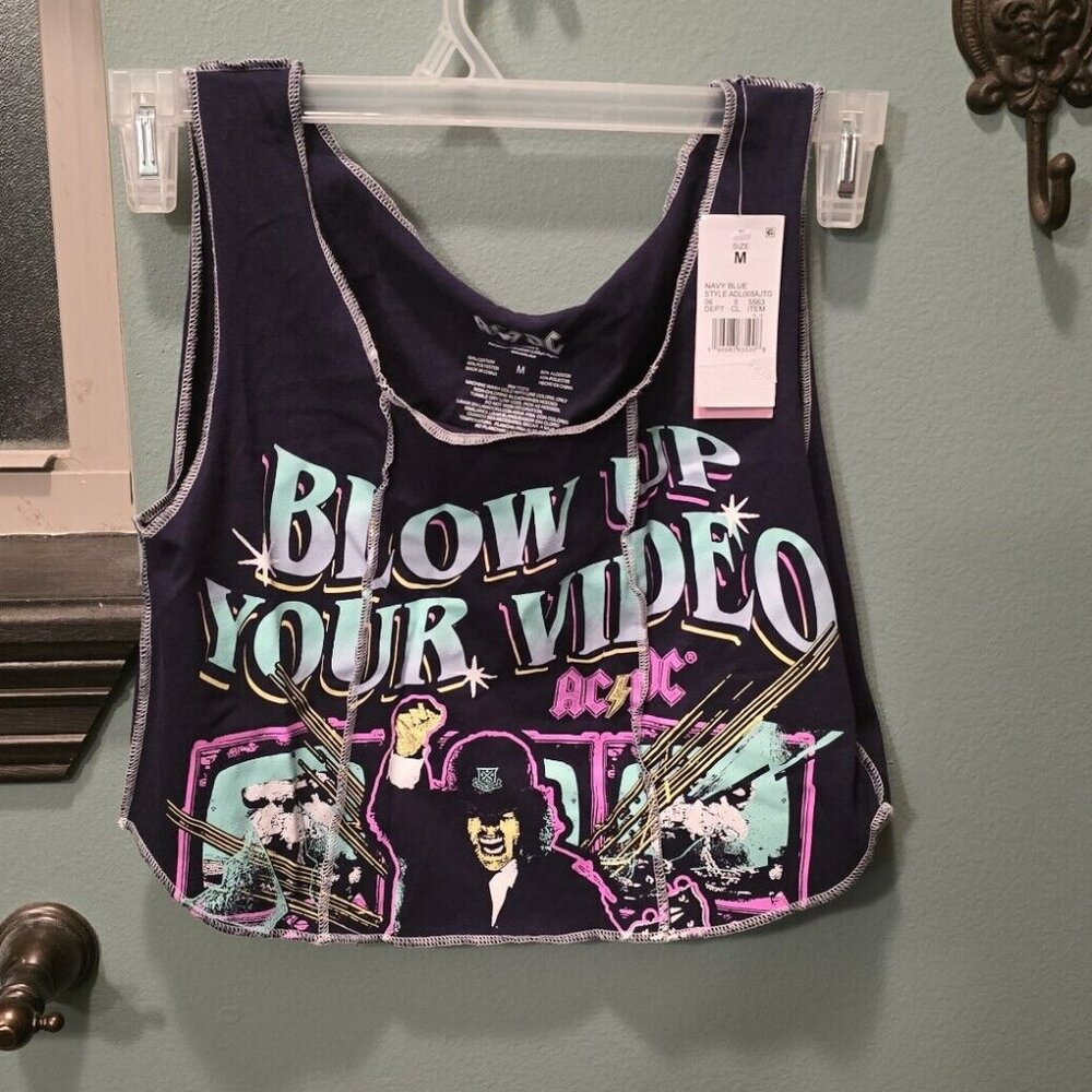 AC/DC Blow Up Your Video Graphic Cropped Tank Top Women's Size Medium Blue NWT